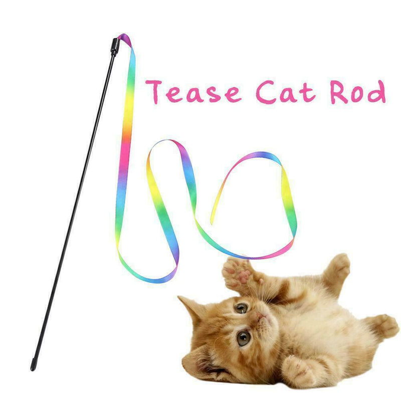 Pet Cat Toys Rainbow Cloth Stripe Tease Cat Rod Funny Supplies Playing Pet F5E0