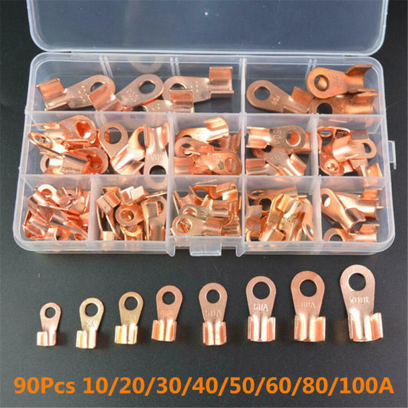 90 Pcs/Box Copper Battery Cable Connector Terminal Open Lugs Wire Terminals Kit