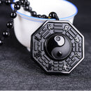 Natural Obsidian Hand Carved Chinese Taiji-Bagua Lucky Amulet Pendant Necklace