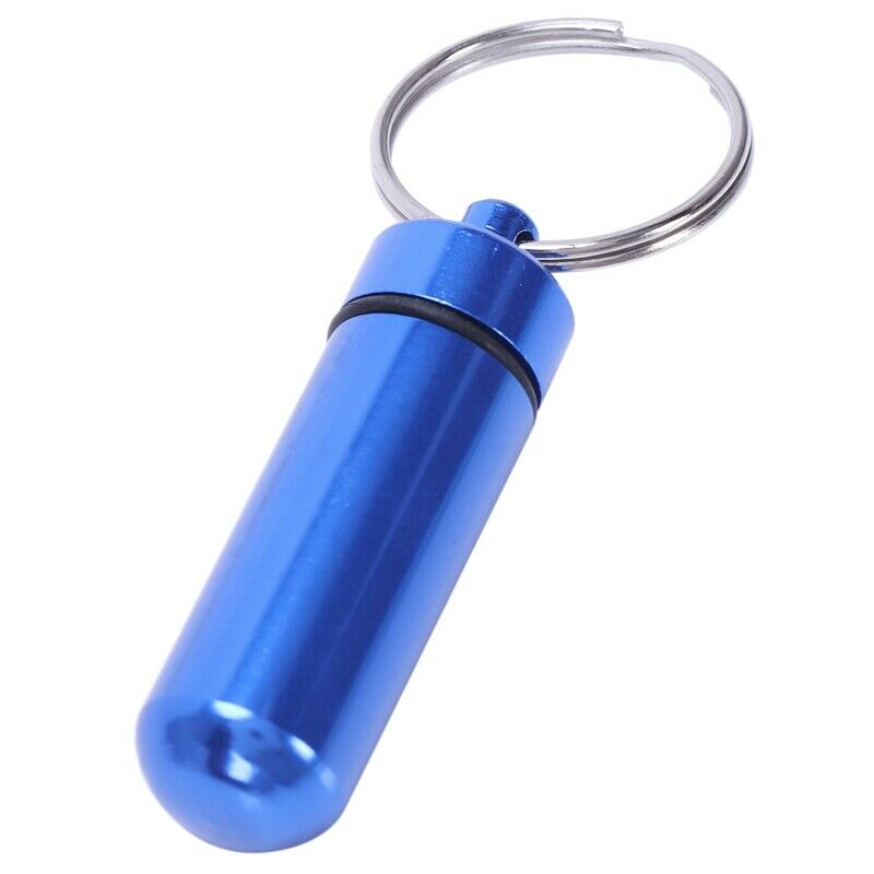 5X( Royal Blue Aluminum Pill Tablet Case Box Cylinder Holder w Keyring C7W7)