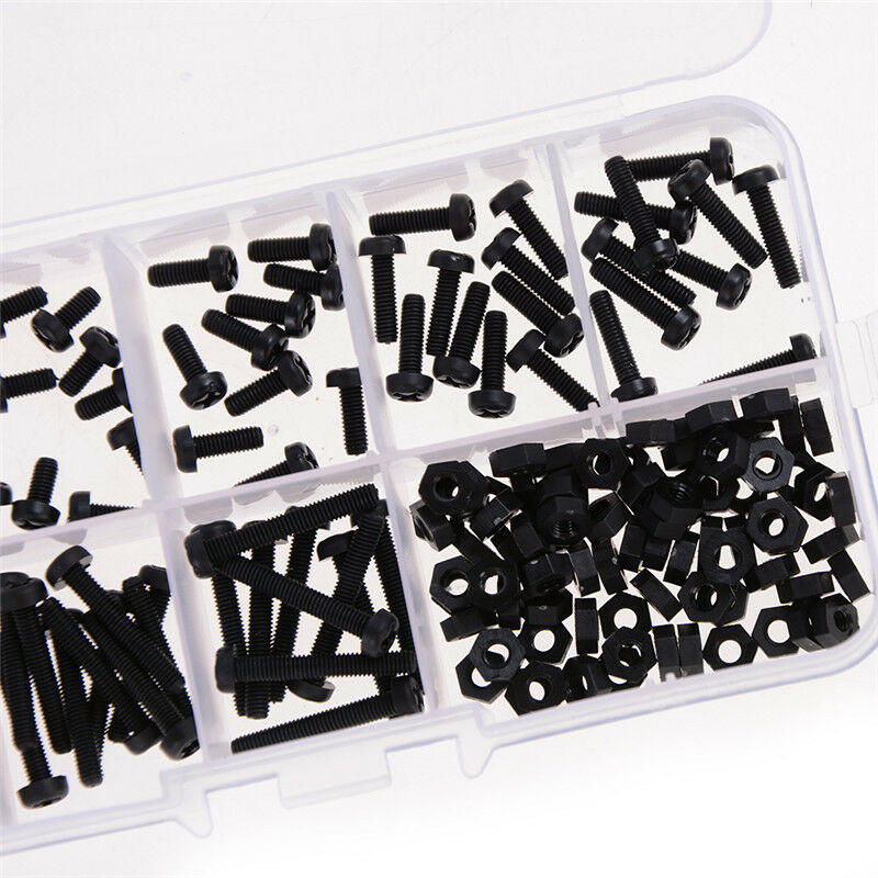 160PCS M3 8 Sizes Assortment Stand-off Nylon Screws Bolt Nuts Fastener Black Kw