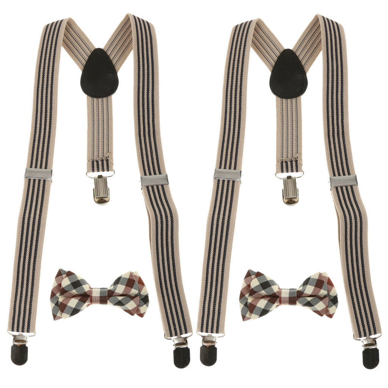 2Sets Boys Adjustable Suspenders Clip-on Braces Belts with Plaid Bowties Set