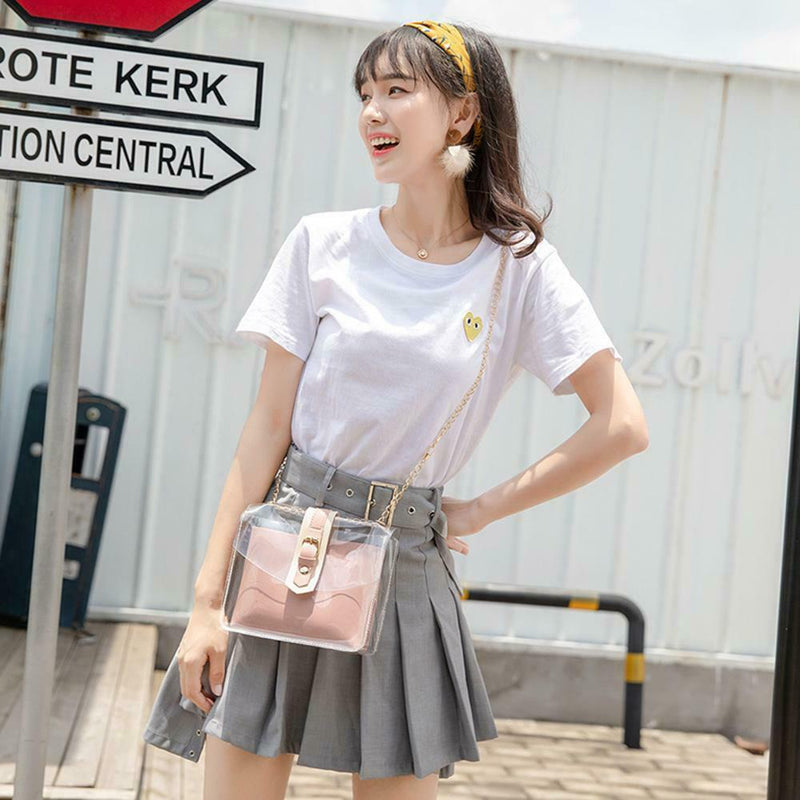 2pcs/set Clear Shoulder Handbags PVC Women Chain Crossbody Clutch (Pink) A