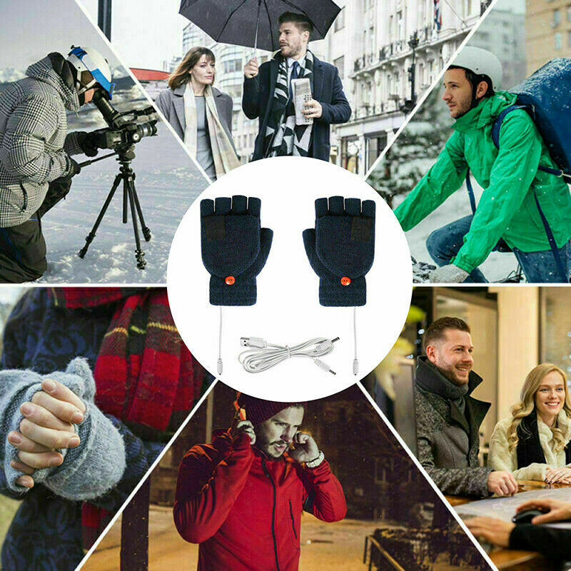 Winter USB Rechargeable Electric Heated Mitten Knitted Gloves Half Finger Cable