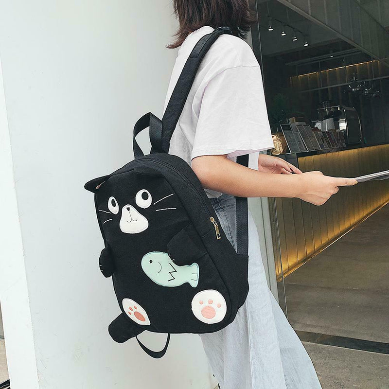 Fashion Cat Print Travel Backpacks Women Canvas Shoulder Top-handle Bags