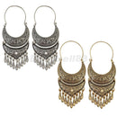 2 Pairs Retro Boho Ethnic Tribal Carved Beads Dangle Hoop Statement Earrings