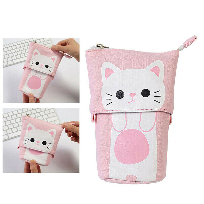 Cute Cat Pencil Case Flexible Pen Bag Zipper Box Makeup Brush Pouch White