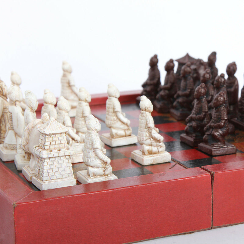 8"x8"Chinese Xi'an Terracotta Warriors Wooden Chess Carved Unique Collectible