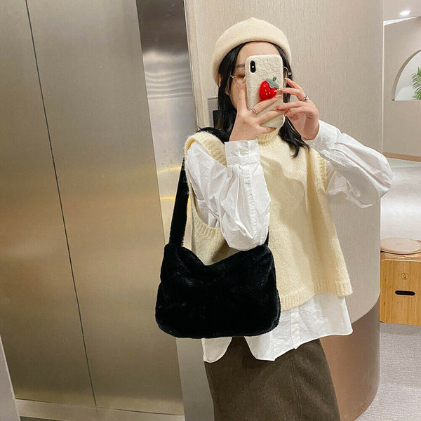 Animal Pattern Shoulder Underarm Bag Women Plush Top-handle Handbag (5)