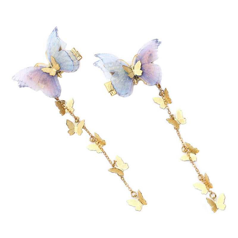 2pcs Womens Dangle Tassel Beads Hair Clip Chiffon Butterfly Hair Accessories