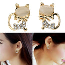 Cat Eye Stone Diamond Shiny Kitty Cute Small Animal Earrings (White) A