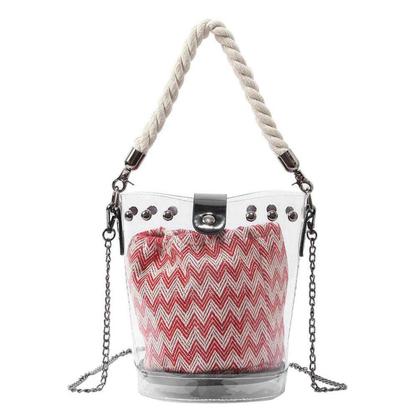 Women PVC Chain Handbag Clear Rivet Beach Shoulder Messenger Bucket Bag/Red