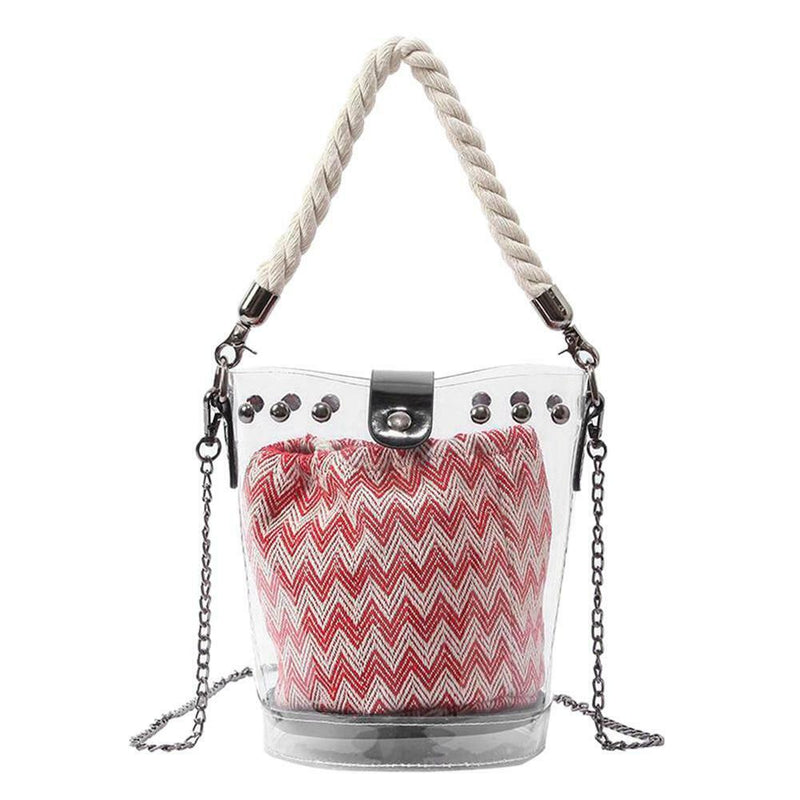 Women PVC Chain Handbag Clear Rivet Beach Shoulder Messenger Bucket Bag/Red