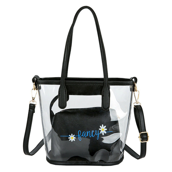 2pcs PVC Transparent Women Shoulder Crossbody Bag PU Clutch Handbag (Black)