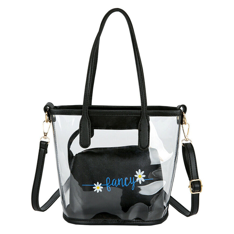 2pcs PVC Transparent Women Shoulder Crossbody Bag PU Clutch Handbag (Black)