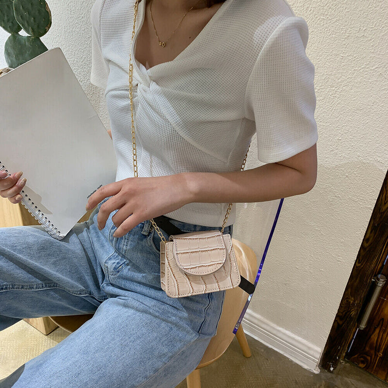 Pure Color Leather Mini Shoulder Bags Women Chain Messenger Bags (Beige)