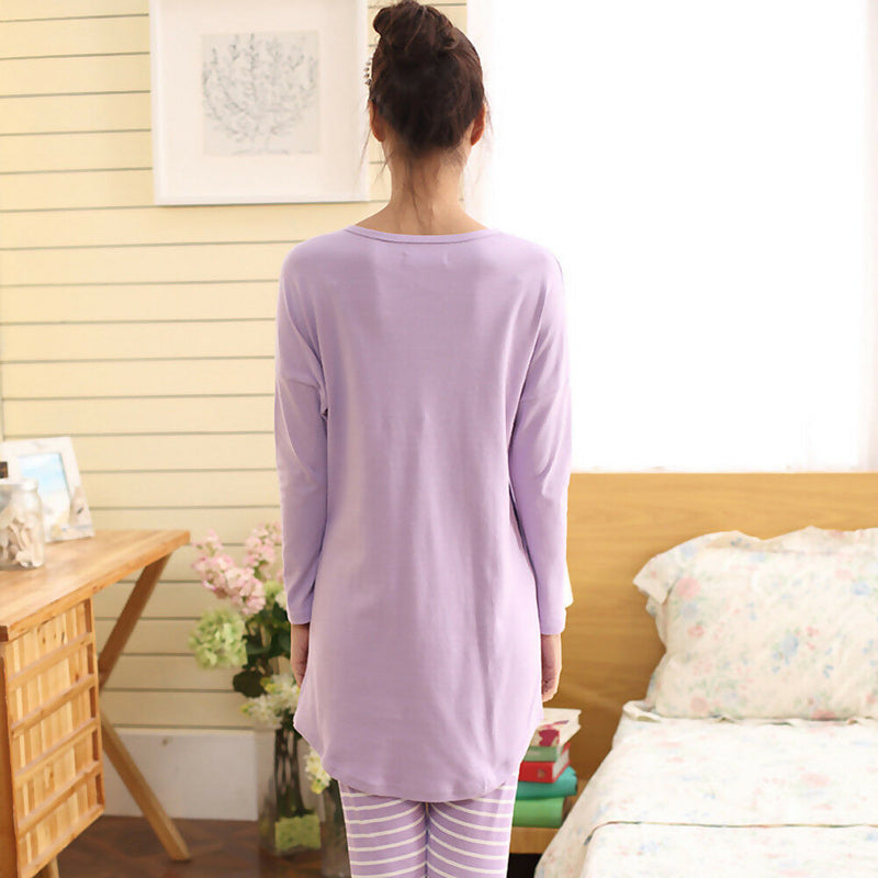 Womens Pajama Sleepwear Nightwear Set Long Sleeve Round Neck Tops Stripe Pants