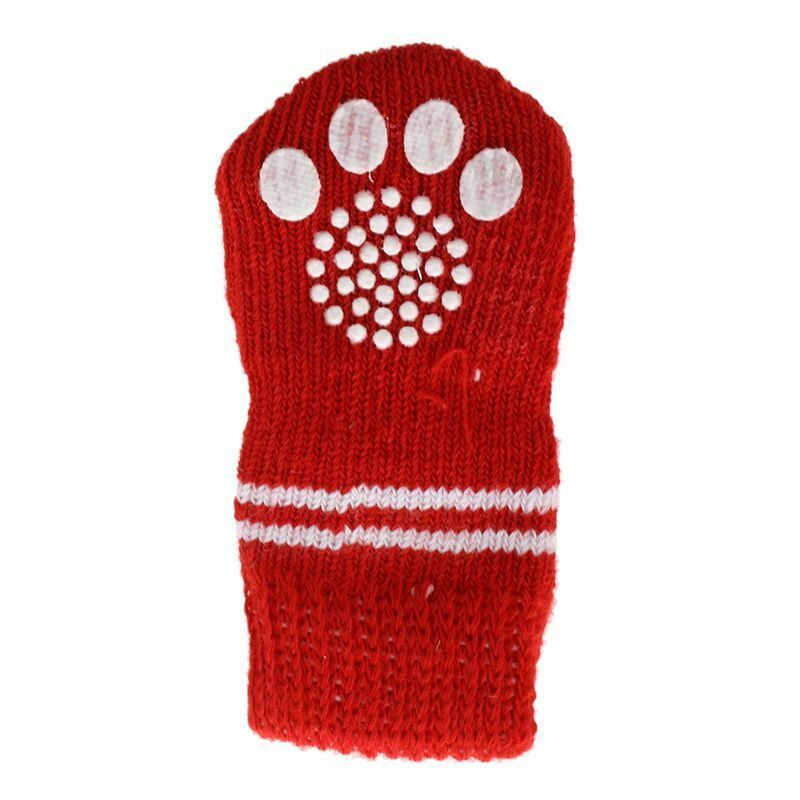 Red White Nonslip Christmas Tree Print Pet Dog Knitted Socks L4N5