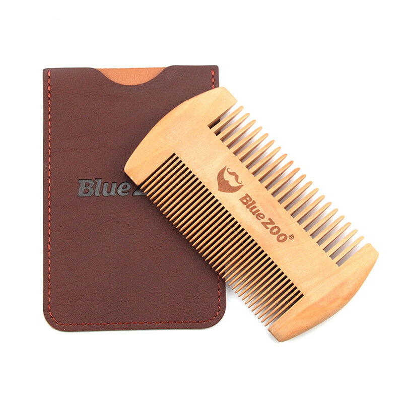 wood natural sandalwood double sided beard styling shaping comb tool with PU 3c