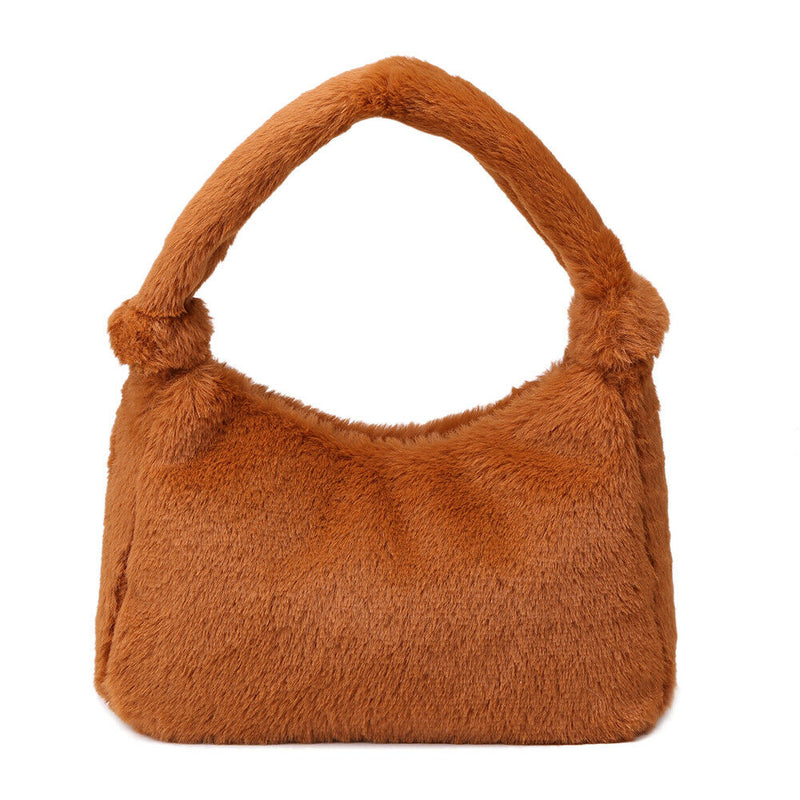 Women Winter Fur Handbag Plush Shoulder Underarm Bag Fashion Clutch (Brown)