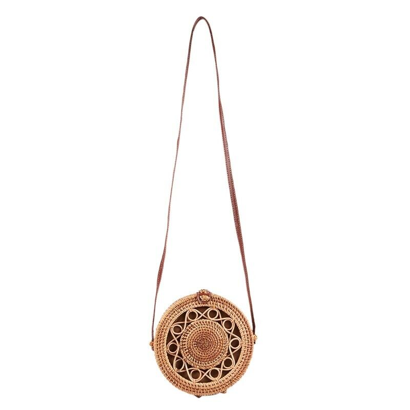 Woven Rattan Bag Round Straw Shoulder Bag Small Beach Handbags Women Summer E4D1