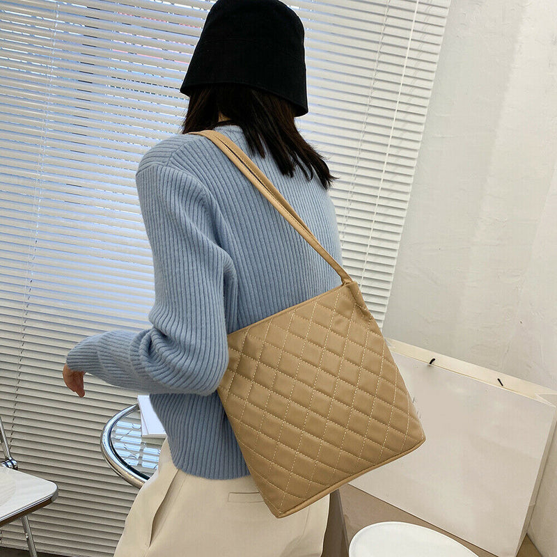 Women Lattice Pattern Shoulder Underarm Bags PU Portable Handbag (Khaki)