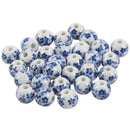 30x Flower Pattern Round Ceramic Beads 12mm(4/8inch) Dia. White+Blue