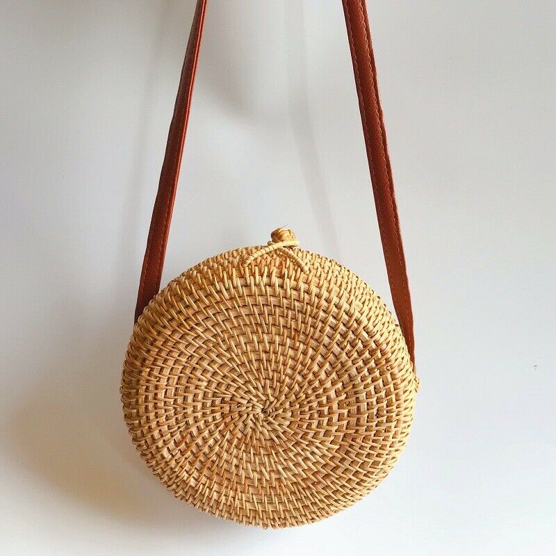 Gril Bag Handwoven Bali Round Retro Rattan Straw Beach Crossbody Bag Tops(B Y6R4