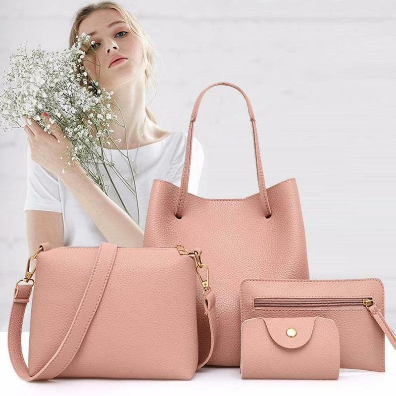 4pcs Set Women Bag Fashion Solid PU Single Shoulder Messenger Bags(Pink)
