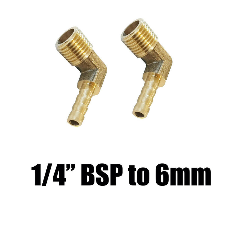 2x 1/4 BSP To 6mm Brass 90 Degree Male Elbow Barbed Hose Tail Pipe Fittings