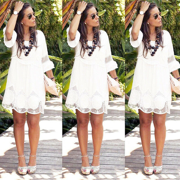 Women Dress Fashion Half Sleeve Loose Lace Dress White O-neck Women Dress P N3T8