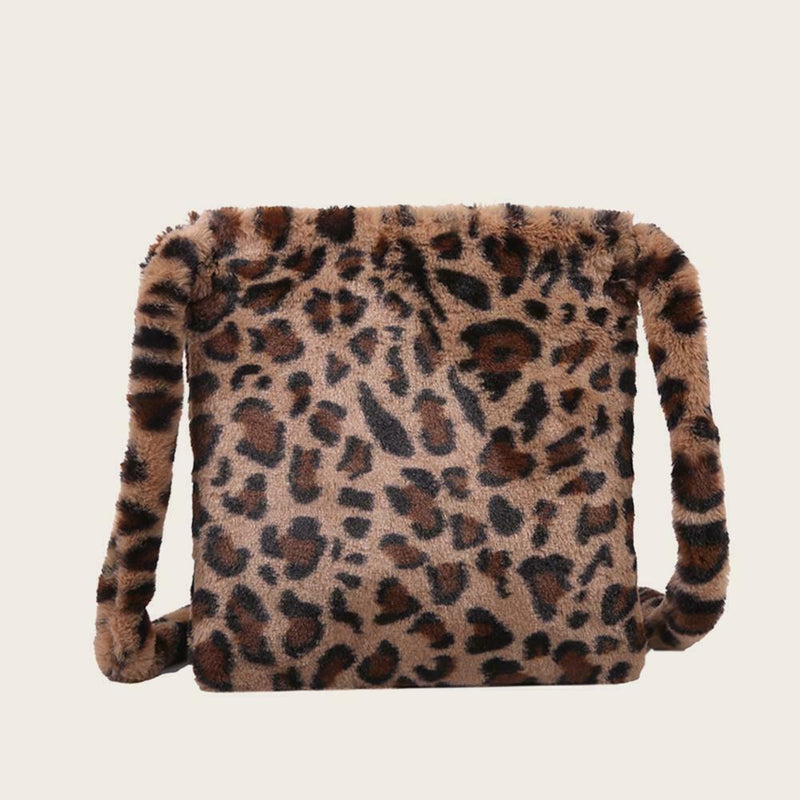 Leopard Crossbody Handbag Women Plush Retro Shoulder Messenger Bag (Brown)