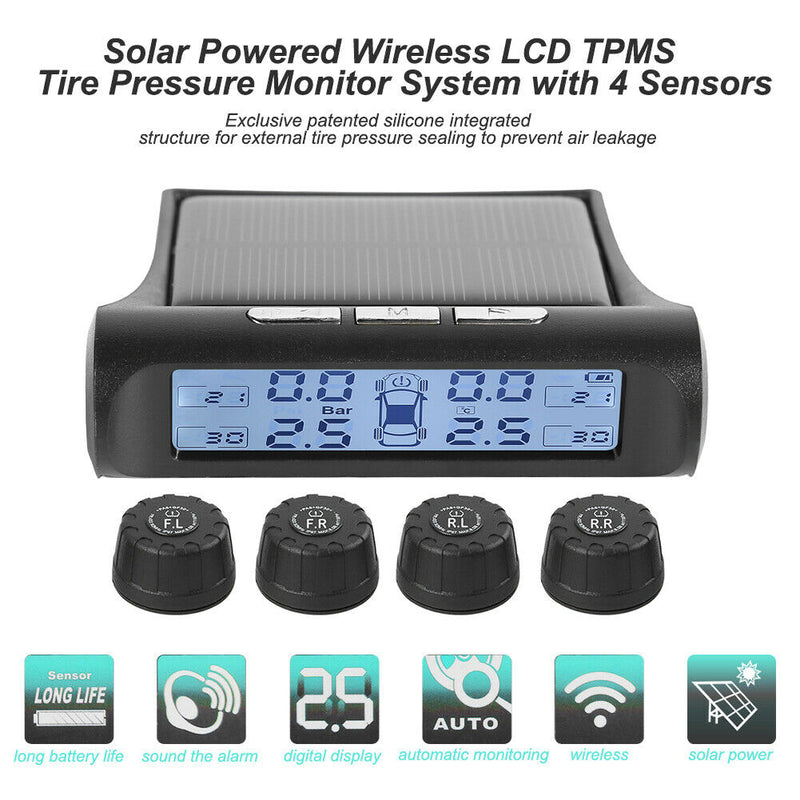 Wireless Solar TPMS LCD Car Tire Pressure Monitoring System + 4 External Sensors