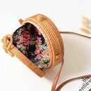 Women Handwoven Round Rattan Bag Shoulder Leather Straps Natural Chic Handb