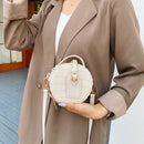 Women Small Round Shoulder Handbag Leather Stone Pattern Totes Bag (Beige) A