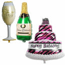 Large Birthday Party Balloons Set of 3 - Cake - Champagne, Bottle and Glass A2C8