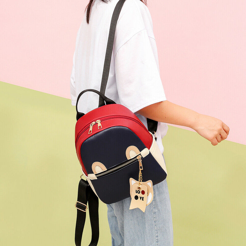 Girl Hit Color Small School Shoulder Bag Leather Women Dog Pendant Backpack