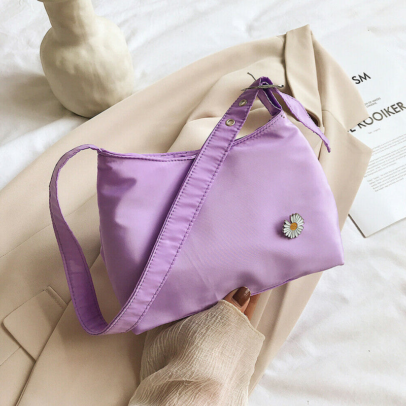 Women Simple Underarm Handbag Daisy Flower Portable Shoulder Bags (Purple)