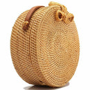 Women Handwoven Round Rattan Bag Shoulder Leather Straps Natural Chic Handb