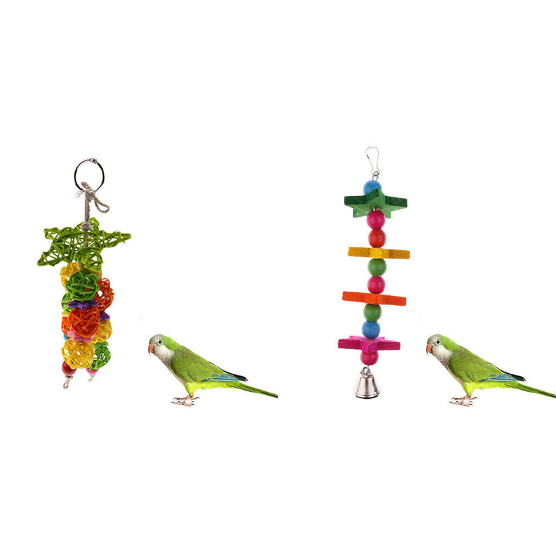 2 Pieces Hanging Parrot Chewing Toys with A Bell - Multicolored Wooden Blocks