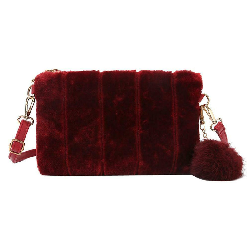 Women Clutch Fur Plush Bag Casual Handbag Winter Crossbody Bag(Wine Red)