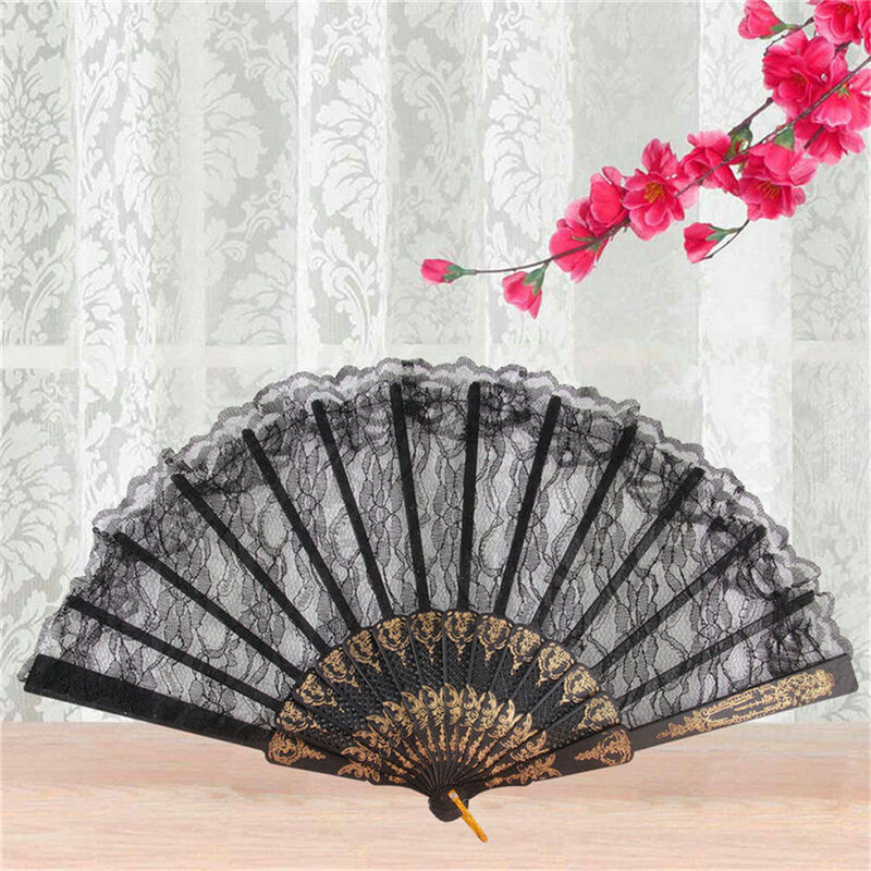 Black Spanish Style Dance Party Wedding Lace Silk Folding Hand Held Flower Fan l