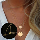 Women Retro Golden Geometry Wafer Sequins Charm Pendant Double Chain Necklace