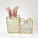 Clear Glass Makeup Brush Holder Organizer Storage Case Box 2 Slot Golden Frame