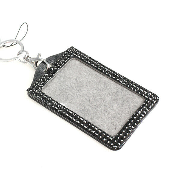 Black Rhinestone Bling Crystal Lanyard Sling Vertical Card ID Badge Holder  A