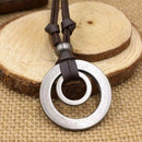 Fashion Mens Retro Leather Cord Necklace Double Circle Ring Pendant Jewelry Gift
