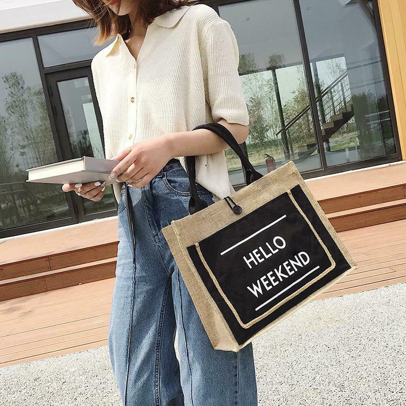 Women Linen Tote Casual Shoulder Bags Fashion Lady Print Handbags (Black L) A