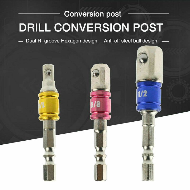 3PCS Drill Socket Adaptor Hex Drive To 1/4" 3/8" 1/2" Impact Drill BIts Driver