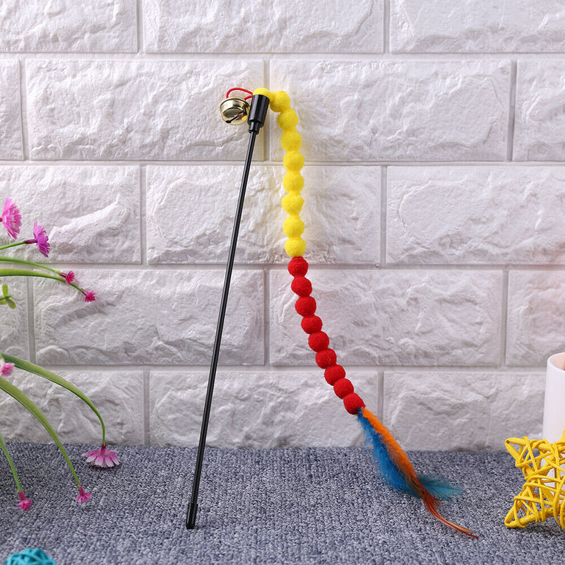 Cat Teasing Stick Colorful Pompom Feather Wand Fun Pet Teaser Rod Toys (02)