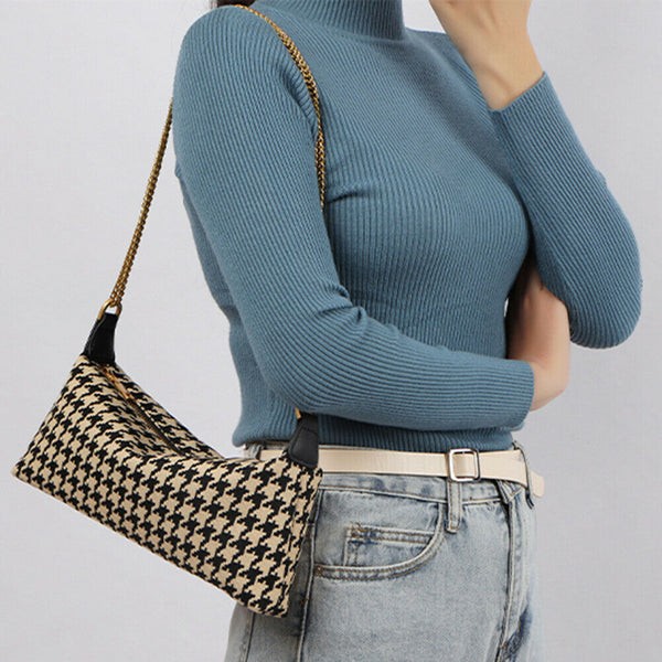Retro Canvas Shoulder Chain Bag Women Elegant Plaid Pattern Crossbody Purse